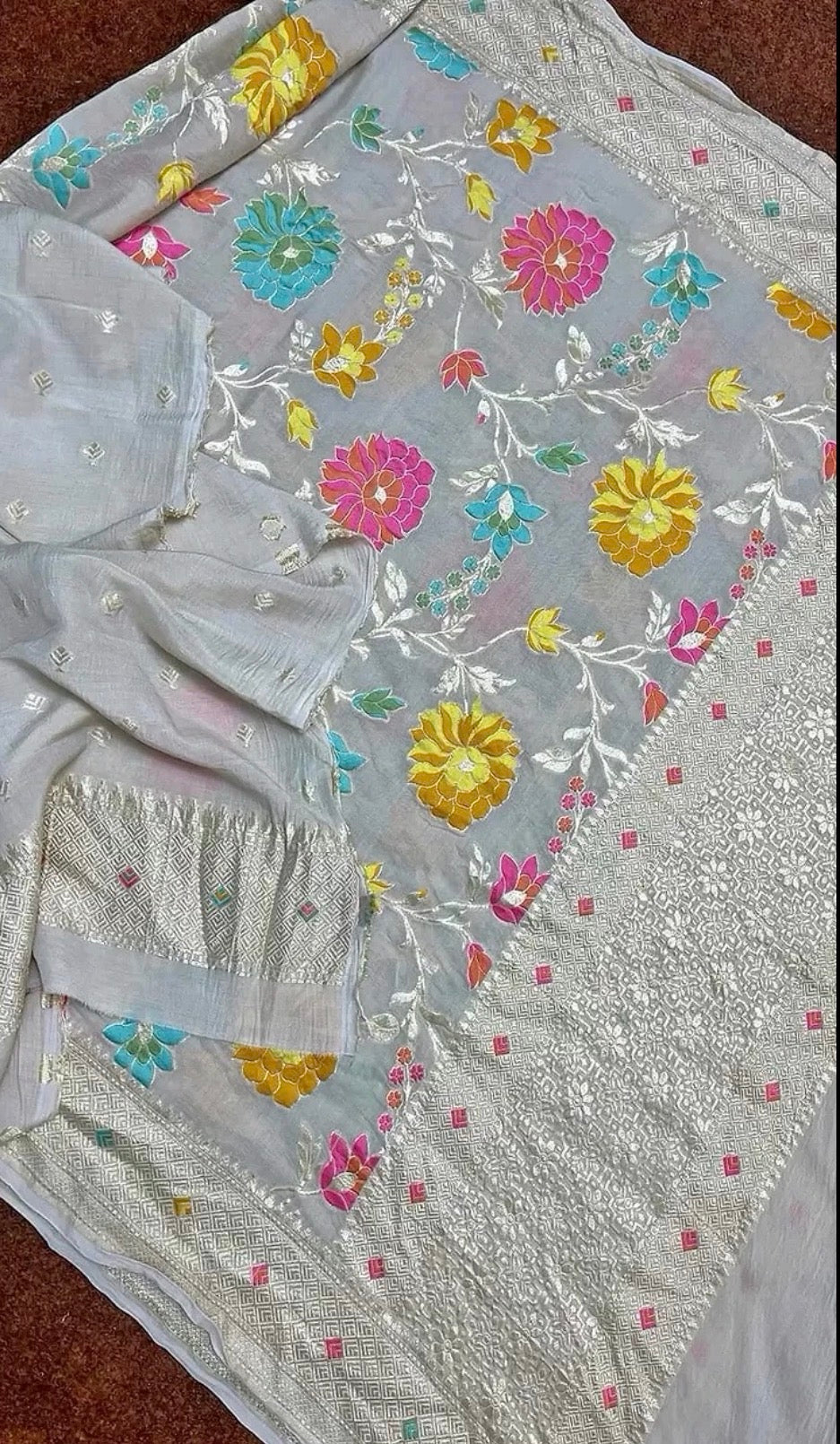 Pure Munga Meenakari Banarasi Suit Set with Silver Zari